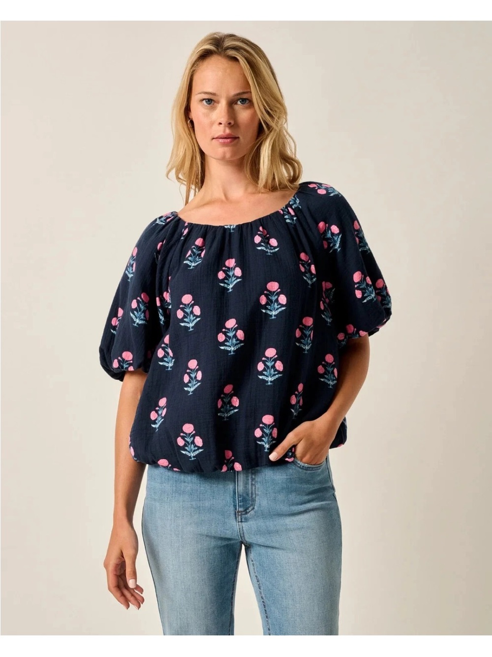 johnnie-O Navy Floral Puff-Sleeve Peasant Top - Pink Print